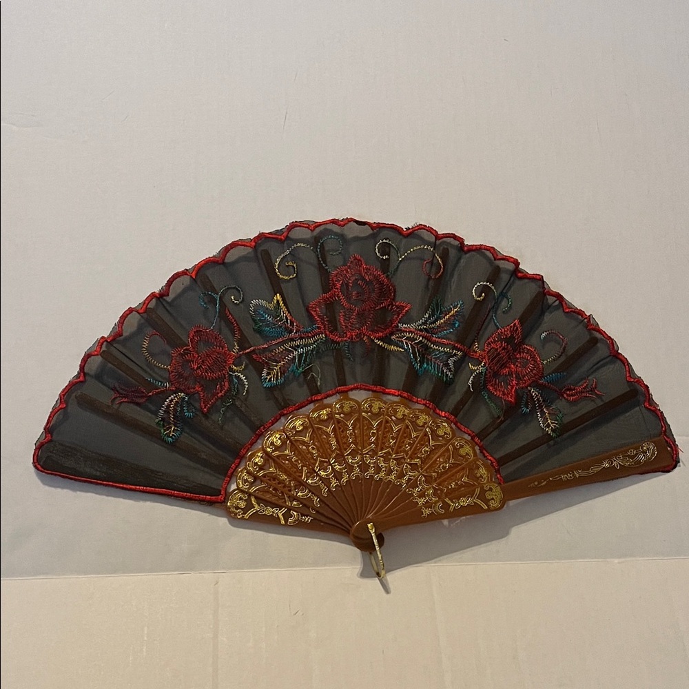 Elegant Black and Red Embroidered Hand Fan